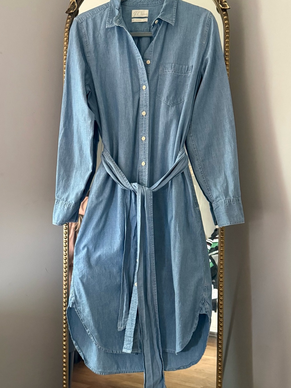 J Crew Women’s Full Button Front Midi Shirt Dress Chambray Denim Tie Cotton 6T